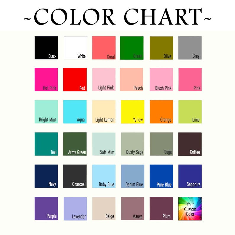 K&ouml;nnte beinhalten: Eine Farbkarte mit einer Vielzahl von Farbmustern, die jeweils mit einem Farbnamen versehen sind. Zu den Farben geh&ouml;ren Schwarz, Wei&szlig;, Rot, Gr&uuml;n, Blau und viele Schattierungen von Rosa, Lila und anderen Farbt&ouml;nen. Der Text "COLOR CHART" steht oben.