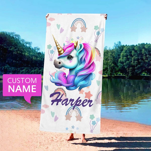 Toalla de playa inspirada en unicornio para niñas, regalo para ella, fiesta en la piscina de verano, toalla de playa para niños personalizada, regalo de cumpleaños de unicornio menor de 20 años