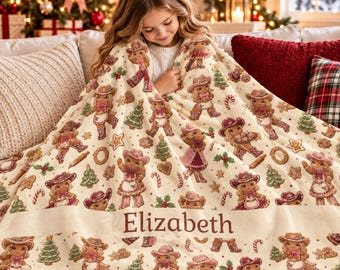 Gingerbread Blanket With Name, Girl Christmas Gift, Holiday Xmas Throw