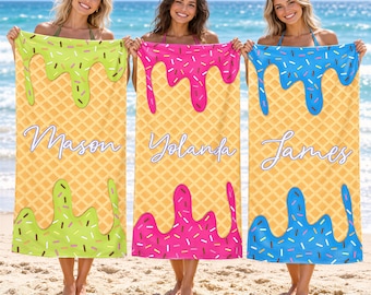 Personalized Beach Towel | Ice Cream Print - Kids Pool Party | Cotton Polyester | 22X42 30X60