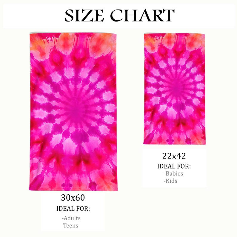 K&ouml;nnte beinhalten: Zwei Handt&uuml;cher mit Batikmuster in Rosa- und Rott&ouml;nen, mit einem zentralen kreisf&ouml;rmigen Muster. Das gr&ouml;&szlig;ere Handtuch misst 76x152 cm, das kleinere 56x107 cm. Der Text "SIZE CHART" steht oben.