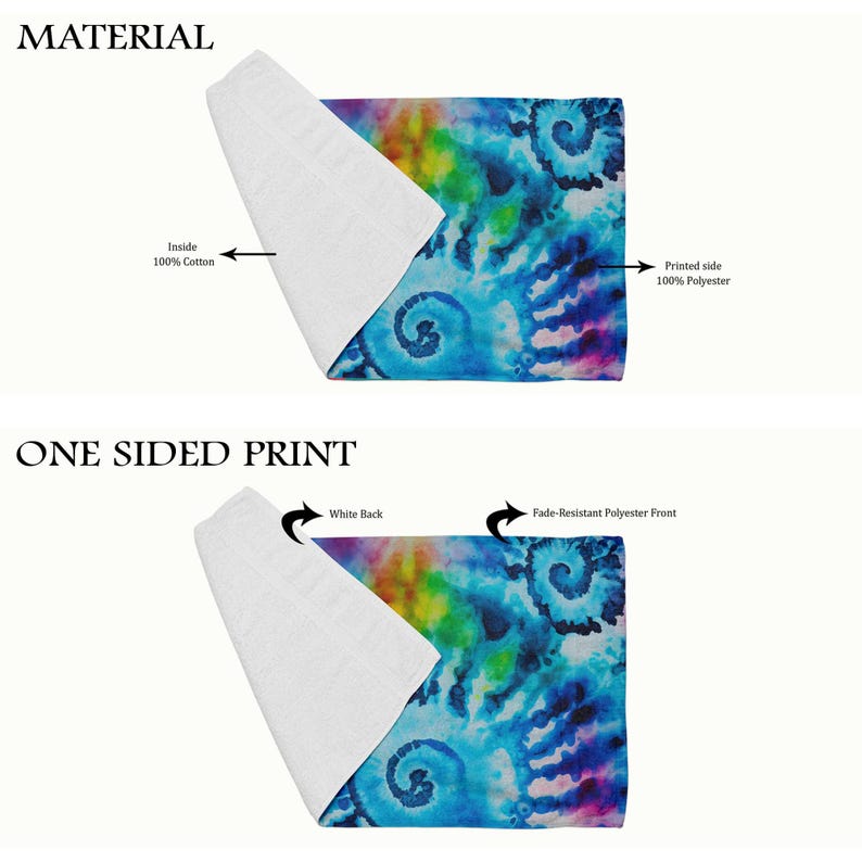 K&ouml;nnte beinhalten: Ein rechteckiges Handtuch mit einem lebendigen Batikmuster in Blau-, Gr&uuml;n-, Gelb- und Lilat&ouml;nen. Die Vorderseite besteht aus 100 % Polyester, die R&uuml;ckseite aus wei&szlig;er Baumwolle. Das Bild zeigt Material- und Druckdetails.