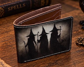 Handmade Buffalo Leather Bifold Wallet, Gothic Witch UV Art Print, Dark Fantasy Design