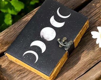 Moon Phase Leather Grimoire Journal: Deckle Edge Paper, 400 Pages