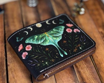Luna Moth Print Leather Wallet, Handmade Buffalo Bifold