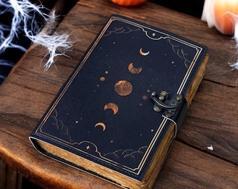 Moon Phase Leather Journal - Vintage Deckle Edge Paper grimoire Notebook Sketchbook