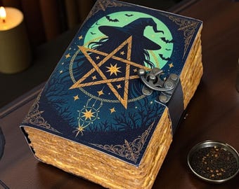 Pentagram Witch Moon Journal | 400 Page Deckle Edge Notebook | Witchcraft Grimoire | Celestial Spell Book