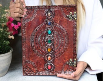 Large Handmade Leather Journal - Book of Shadows, Seven Stone Grimoire with Unlined Paper