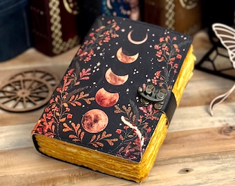 Moon Phase Leather Journal - Vintage Deckle Edge Paper writing drawing Notebook Sketchbook