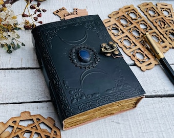 book of shadows - Triple moon third eye stone Leather journal - Blank spell book of shadows, wiccan, book of lovers gifts, gift for him her