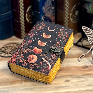 Moon Phase Leather Journal - Vintage Deckle Edge Paper writing drawing Notebook Sketchbook