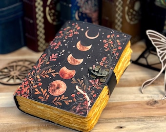 Moon Phase Leather Journal - Vintage Deckle Edge Paper writing drawing Notebook Sketchbook