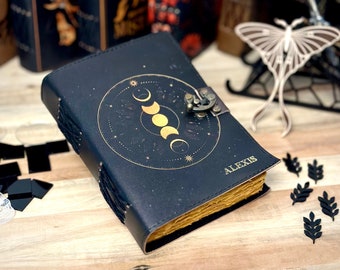 Personalized Moon Phases Leather Journal, Antique Vintage Handmade Deckle Edge Paper, Sketchbook Custom Journal Gift, Valentine's Day