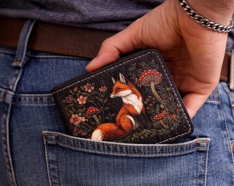 Handmade Leather Bifold Wallet, Fox & Mushroom Design