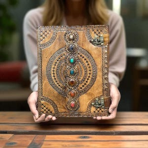 Puede incluir: Un diario de cuero marr&oacute;n hecho a mano con intrincados patrones en relieve y una serie de gemas de colores. El diario presenta un cierre de metal y un dise&ntilde;o decorativo alrededor de las gemas. El diario es sostenido por una persona.