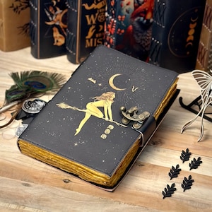 Celestial Sun & Moon Vintage Leder Journal, Blank Zauberbuch der Schatten Grimoire Journal, Büttenpapier, Mond Phase Totem Talisman