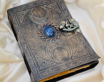 Leather Grimoire Journal: Lapis Lazuli Stone, Triple Moon Design