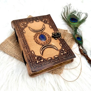 Leder-Grimoire-Tagebuch: Drittes Auge Lapis Lazuli Stein, Dreifacher Mond Buch