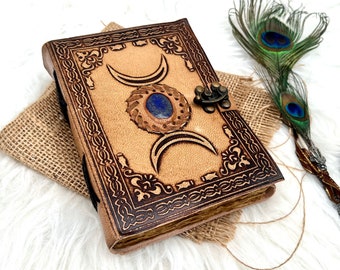 Grimoire journal,book of shadows, Vintage Leather Journal Third Eye Crystal Stone Triple Moon journal, blank witch spell book, gift for wome