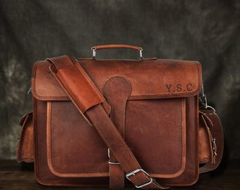 Personalized Leather Laptop Messenger Bag: Monogrammed Crossbody Briefcase