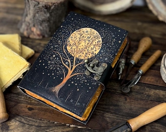 Tree of Life Leather Journal | Handmade Grimoire with Antique Lock