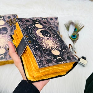 Celestial Sun & moon Handmade vintage leather journal • Deckle edge paper, Blank spell book of shadows grimoire journal, gift for him her