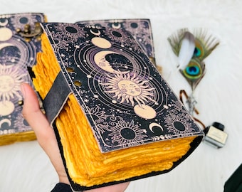 Celestial Sun & moon Handmade vintage leather journal • Deckle edge paper, Blank spell book of shadows grimoire journal, gift for him her