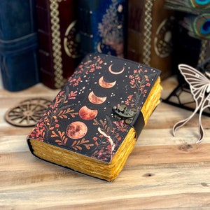 Diario de cuero vintage con fases lunares para hombre y mujer, 200 páginas de papel antiguo hecho a mano con bordes desbarbados, cuaderno de bocetos de cuero, regalo de Navidad