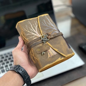May include: A brown leather journal with a tree design and a metal key charm. The journal has a strap closure and is held in a hand.