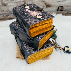 400 Pages Celestial Sun & moon Handmade vintage leather journal • Deckle edge paper, Blank spell book of shadows journal, Christmas Gift