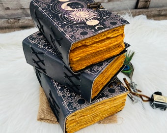400 Pages Celestial Sun & moon Handmade vintage leather journal • Deckle edge paper, Blank spell book of shadows journal, Christmas Gift