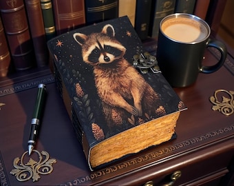 Raccoon Leather Journal, Handmade Notebook, Vintage Deckle Edge Diary, Rustic Sketchbook, Personalized Gift