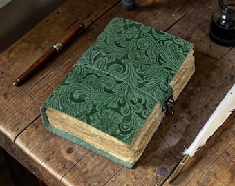 Green Embossed Leather Journal – Handmade Vintage Diary, Lock Closure Notebook