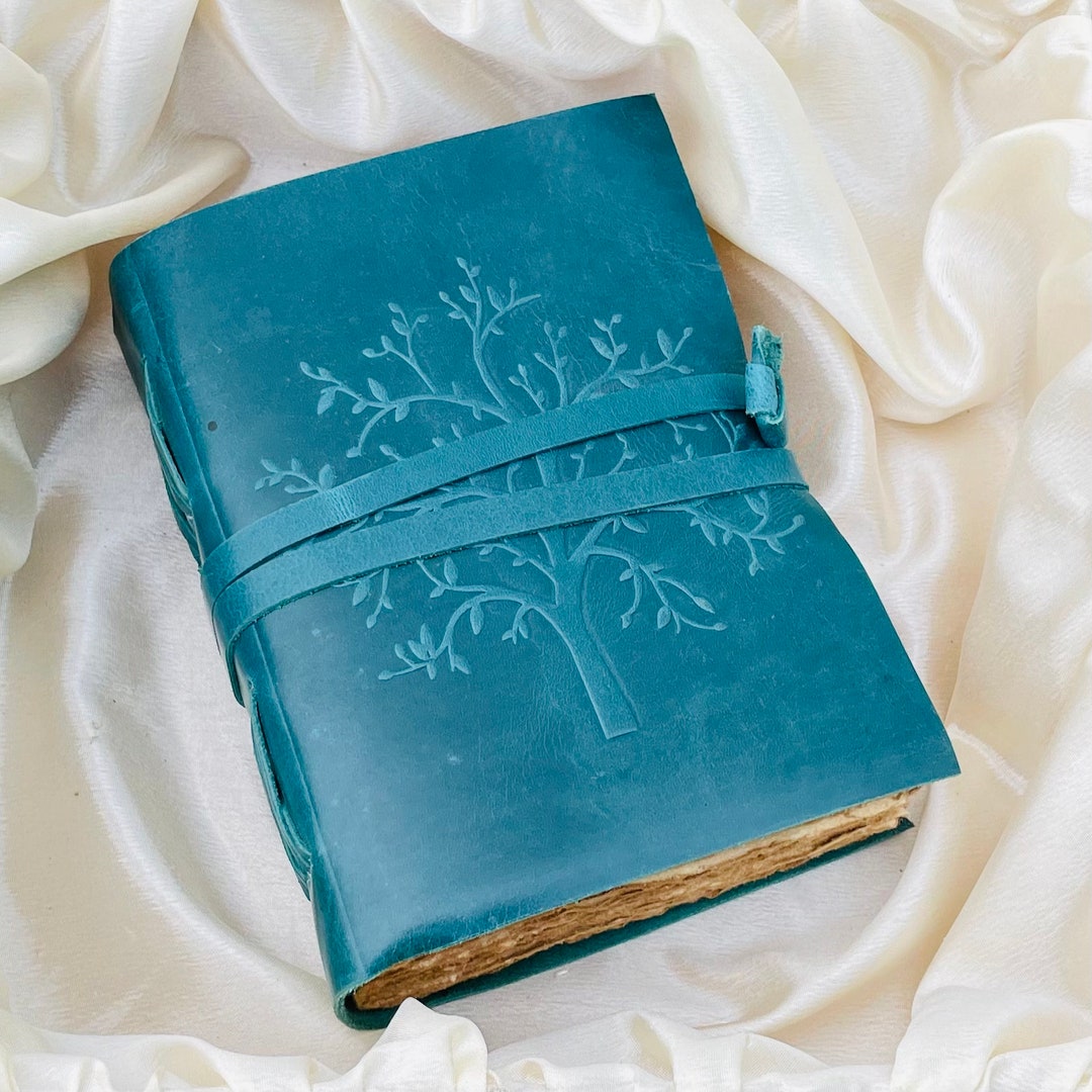 Vintage Blue Leather Journal: Tree of Life Embossed, Deckle Edge Paper ...