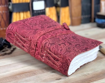 Handmade Pink Flower Leather Journal: Vintage Deckle Edge Paper