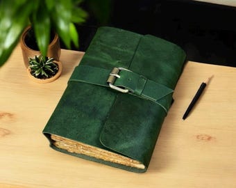 Personalized Green Leather Journal - Custom Engraved Travel Notebook