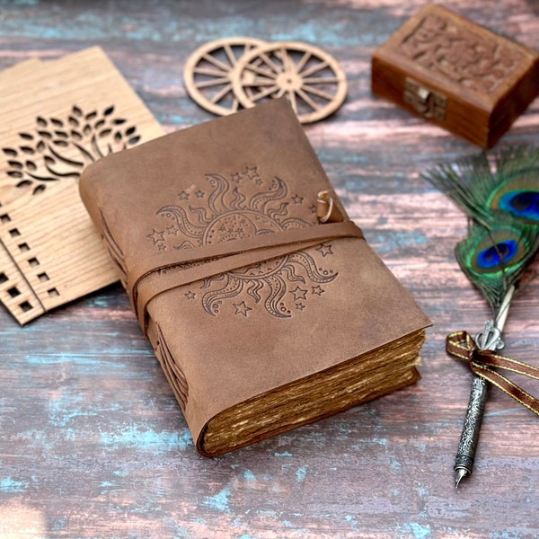 Blank Spell Book of Shadows Journal for Men & Women 200 Pages with Lock Clasp Vintage Handmade Leather Moon Deckle Edge Vintage Paper