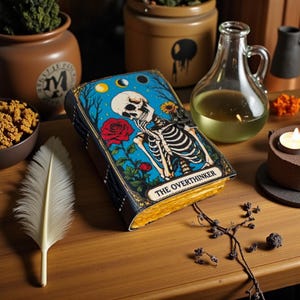 May include: A decorative book with a blue cover featuring a skeleton, roses, and the text "THE OVERTHINKER." The book is on a wooden surface with a white feather, a glass bottle, and other decorative items. The book's edges are gold.