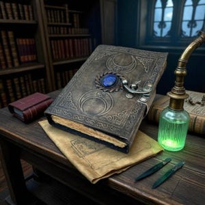 Pode incluir: Imagem detalhada de um livro encadernado em couro com desenhos de meia-lua e fecho de pedra azul. Um pequeno livro vermelho, uma garrafa de po&ccedil;&atilde;o verde e duas ferramentas verdes sobre uma mesa de madeira, tema de fantasia.