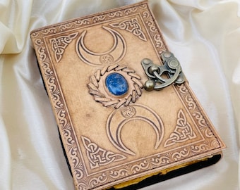 book of shadows, Vintage Leather Journal Third Eye Crystal Stone Triple Moon journal, blank witch spell book, Best Leather Gifts For