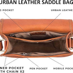 Pu&ograve; includere: Una borsa da sella in pelle marrone con pi&ugrave; tasche, tra cui una tasca grande, una tasca interna con una catena, una tasca per penne e una tasca per il cellulare. La borsa &egrave; aperta e l'interno &egrave; visibile.