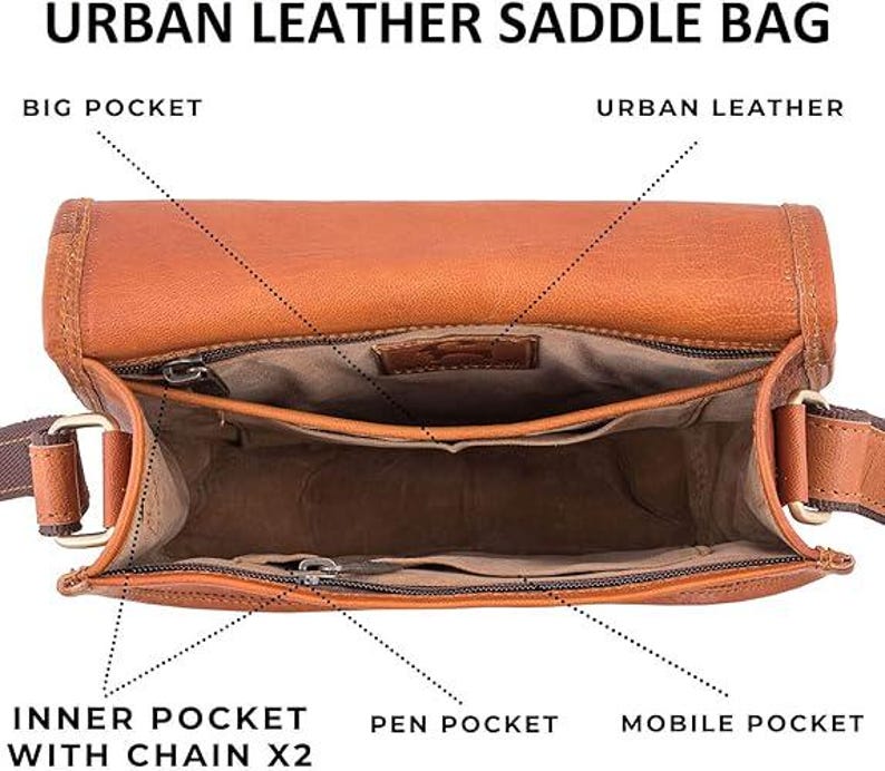 Pu&ograve; includere: Una borsa da sella in pelle marrone con pi&ugrave; tasche, tra cui una tasca grande, una tasca interna con una catena, una tasca per penne e una tasca per il cellulare. La borsa &egrave; aperta e l'interno &egrave; visibile.