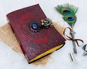 Grimoire journal,book of shadows, Vintage Leather Journal Third Eye Crystal Stone Triple Moon journal, blank witch spell book, Leather Gifts