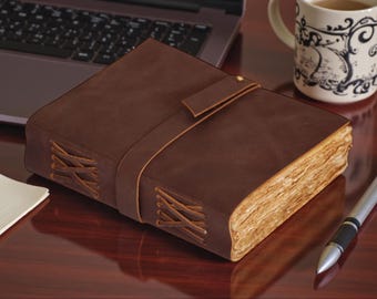 Personalized Leather Journal, Rustic Grimoire Spell Book, Custom Engraved Notebook, Deckle Edge Paper