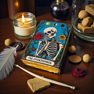 May include: A tarot card with a blue background featuring a skeleton, rose, and sunflower. The card reads "THE OVERTHINKER." Other items include a lit candle, feather, inkwell, and small treats, creating a mystical theme.