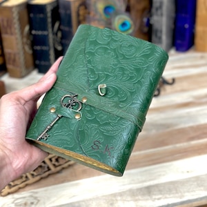 Green Floral Embossed Leather Journal | Vintage Deckle edge paper Book of shadows travel notebook sktechbook Valentine's Day Gift for women