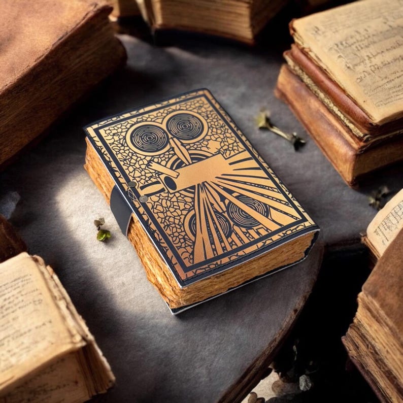 May include: An art deco style journal with a gold and black cover, held closed by a black elastic band. The journal is surrounded by other antique books with aged, yellowed pages. The cover features a geometric design.