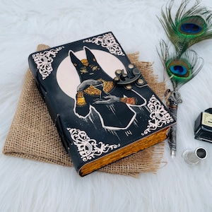 Egyptian Cat Book of Shadows leather journal - Leather Print Journal, wiccan book of spells, grimoire wizard book,  Christmas gift for him