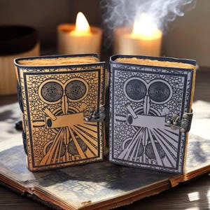 May include: Two leather journals featuring owl designs. One has a gold cover with black detailing, the other a grey cover with black detailing. Both have metal clasps and aged paper edges. The journals are on a vintage book.
