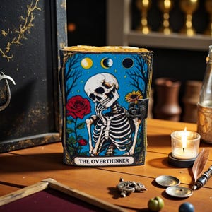 May include: A decorative journal with a skeleton illustration on the cover. The cover features a skeleton, a red rose, and the text "THE OVERTHINKER" against a blue background. The journal has a metal clasp and is on a wooden surface.